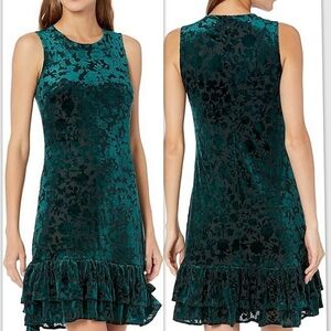 TOMMY HILFIGER‎ | Green Burnout Velvet Floral Sleeveless Ruffle Hem Dress | 16
